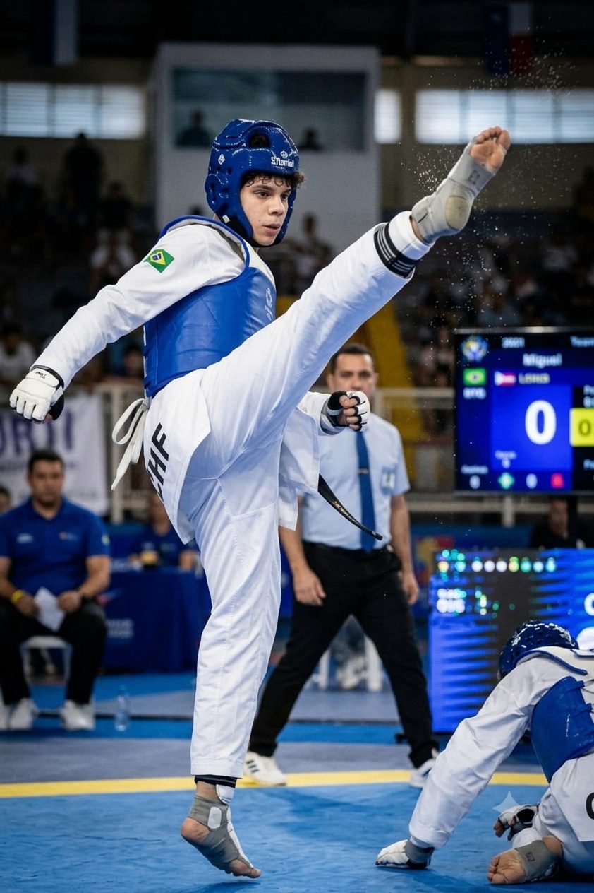 Miguel em combate de Taekwondo
