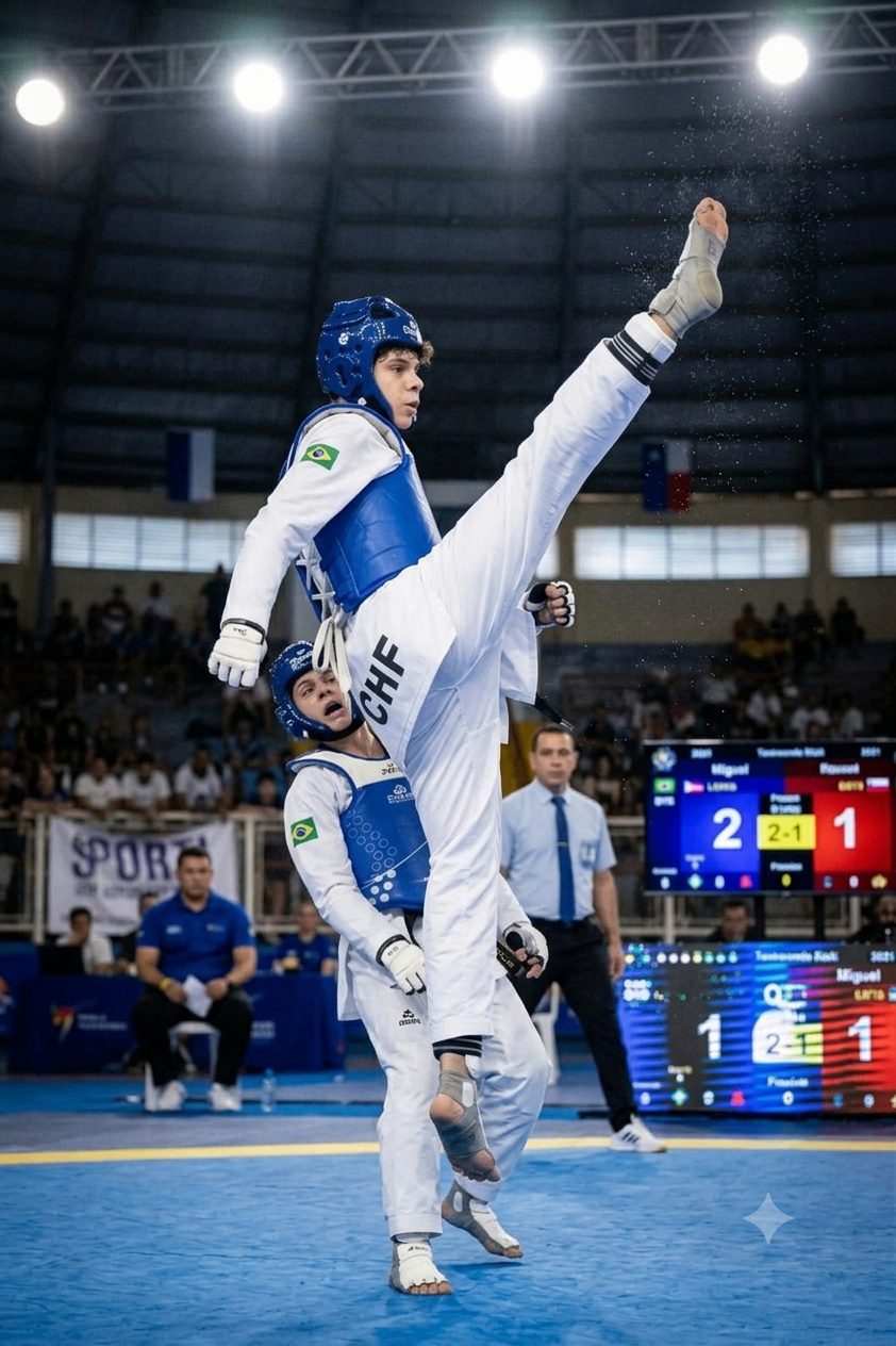 Miguel executando chute contra adversário